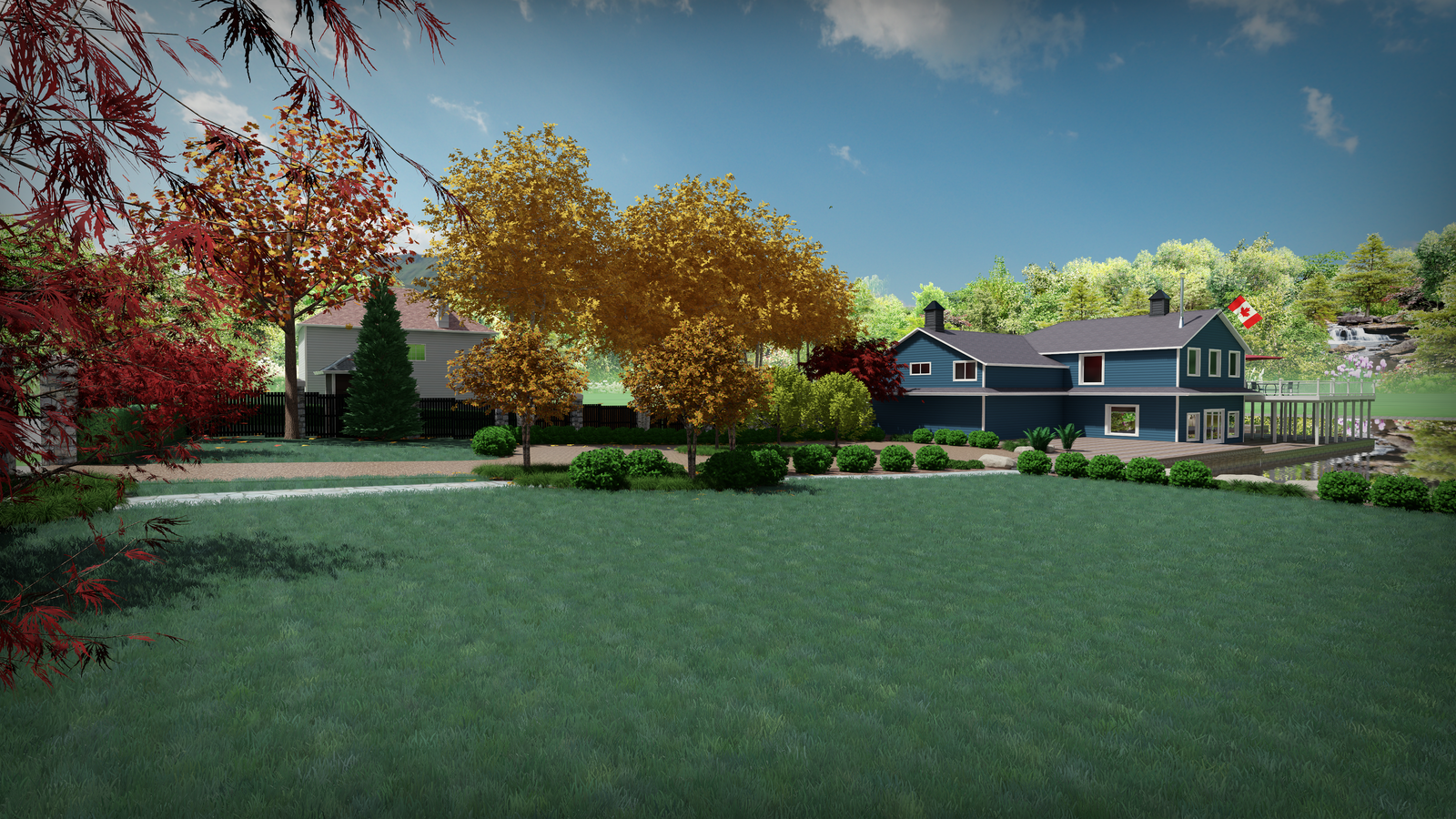 Whole-property 3D render viewed across the lawn